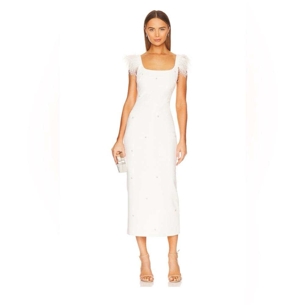 Likely Cameron White Feather-Trimmed Midi Dress